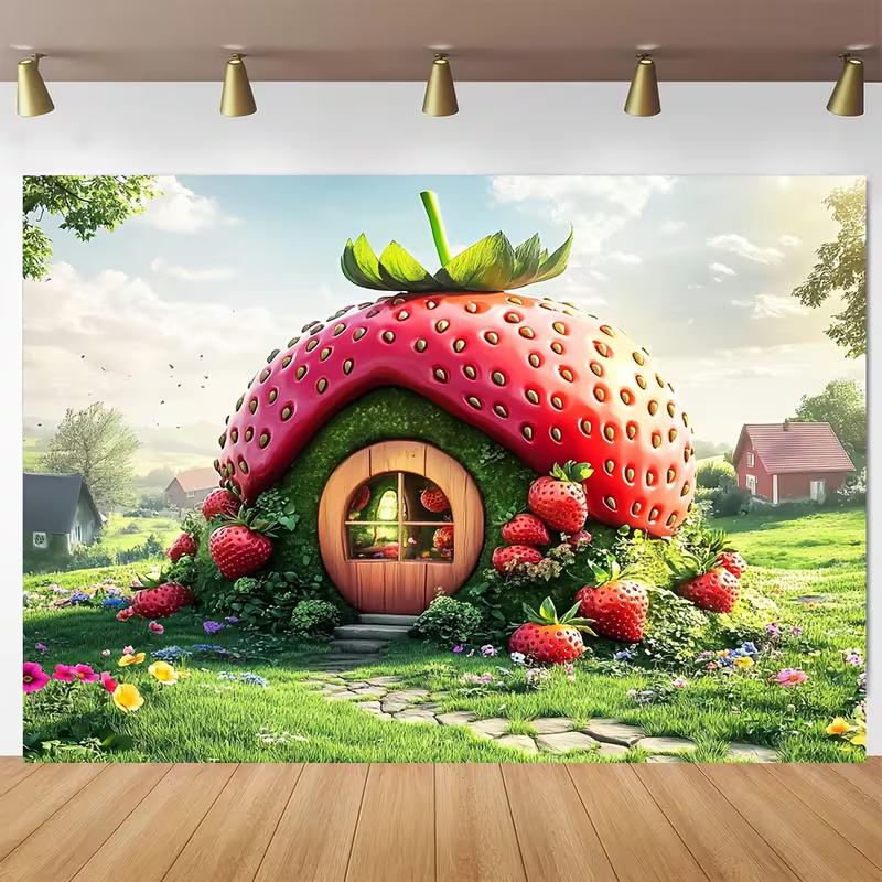 2D Enchanted Strawberry House Backdrop Spring Garden Party Background