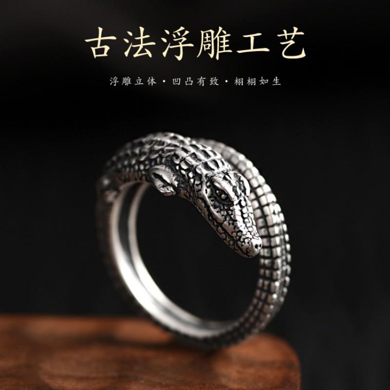 Anel Aberto Ajustável Masculino Feminino Prata Esterlina Design de Crocodilo Vintage Minimalista Joia Statement
