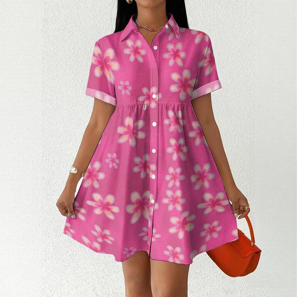 Casual Loose Fit Shirt Dress for Women Button Front Short Sleeve Collared Dress with Printed Hemline Border Design