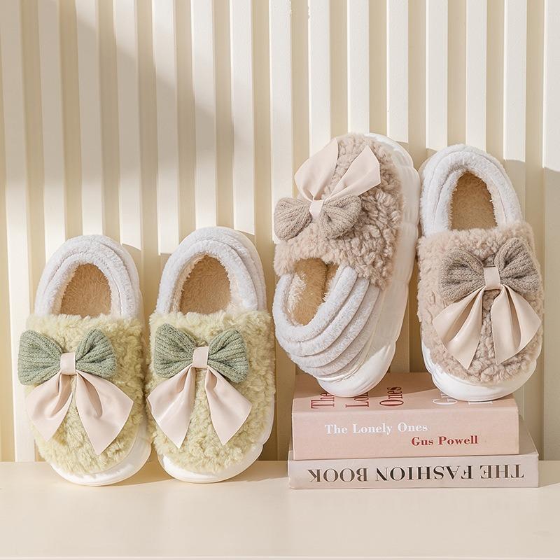 Bow Cotton Slippers Women's New Winter Bag Heel Fashion Warm Wool Cotton Shoes