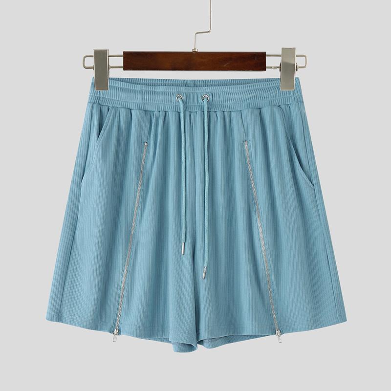 INCERUN Men Drawstring Elastic Waist Side Zip-up Casual Rib Shorts Pants Home Wear