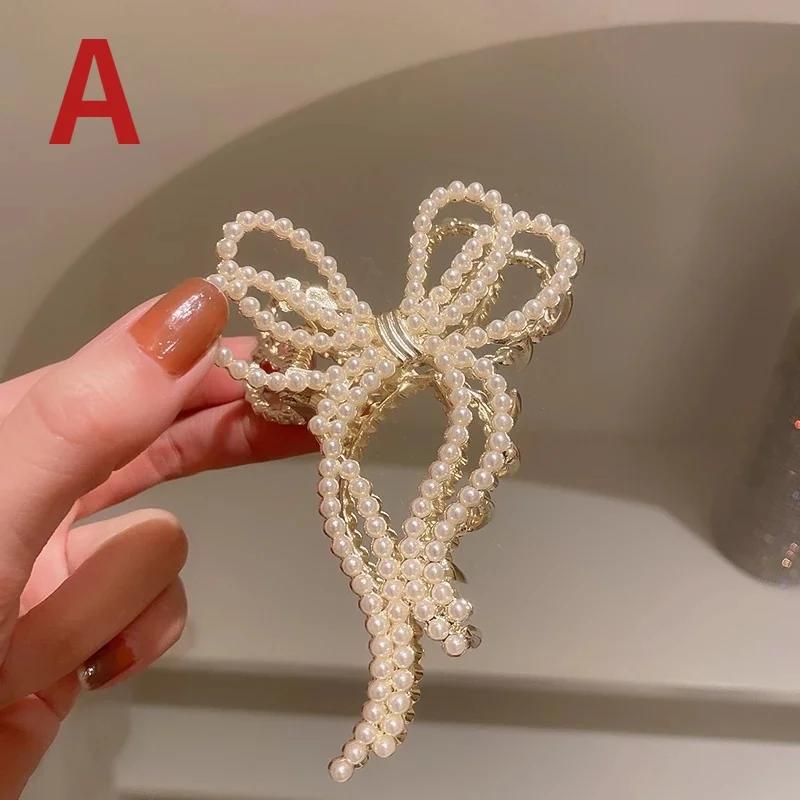 New Pearl Hair Claw Set Clip For Women Pearl Bow Hairpins Metal Hair Accessory Geometric Hollow Pincer Barrette Crystal Clip Big