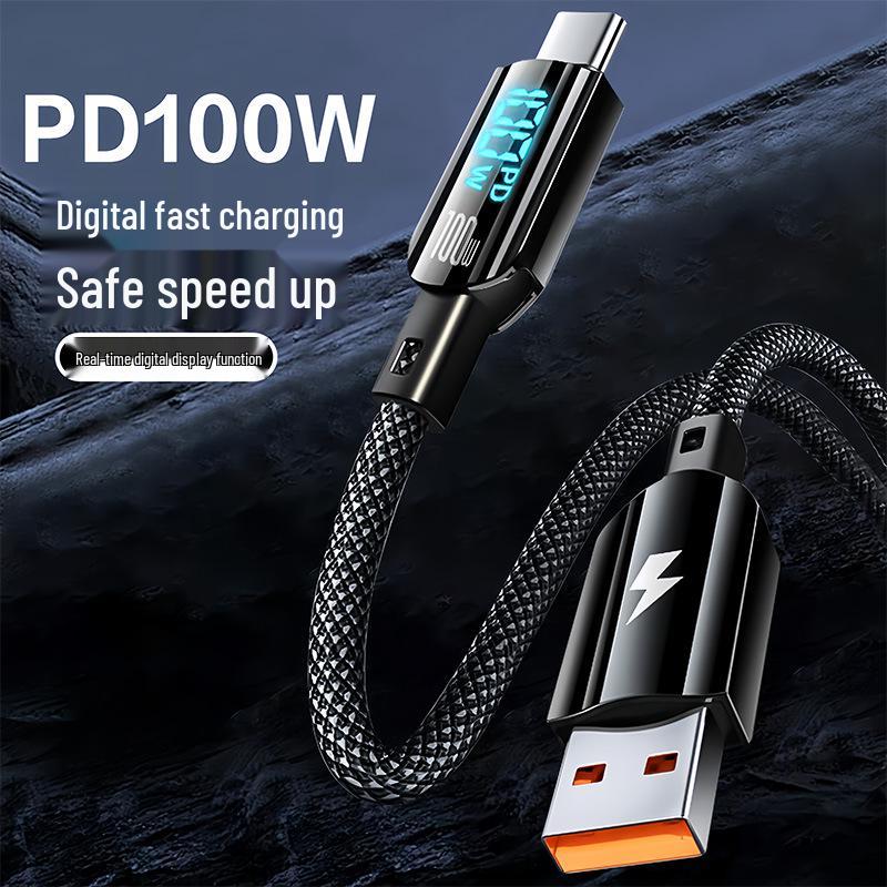100W Transparent Braided Fast Charging Cable with Digital Display for Huawei and Apple, PD Type-C.