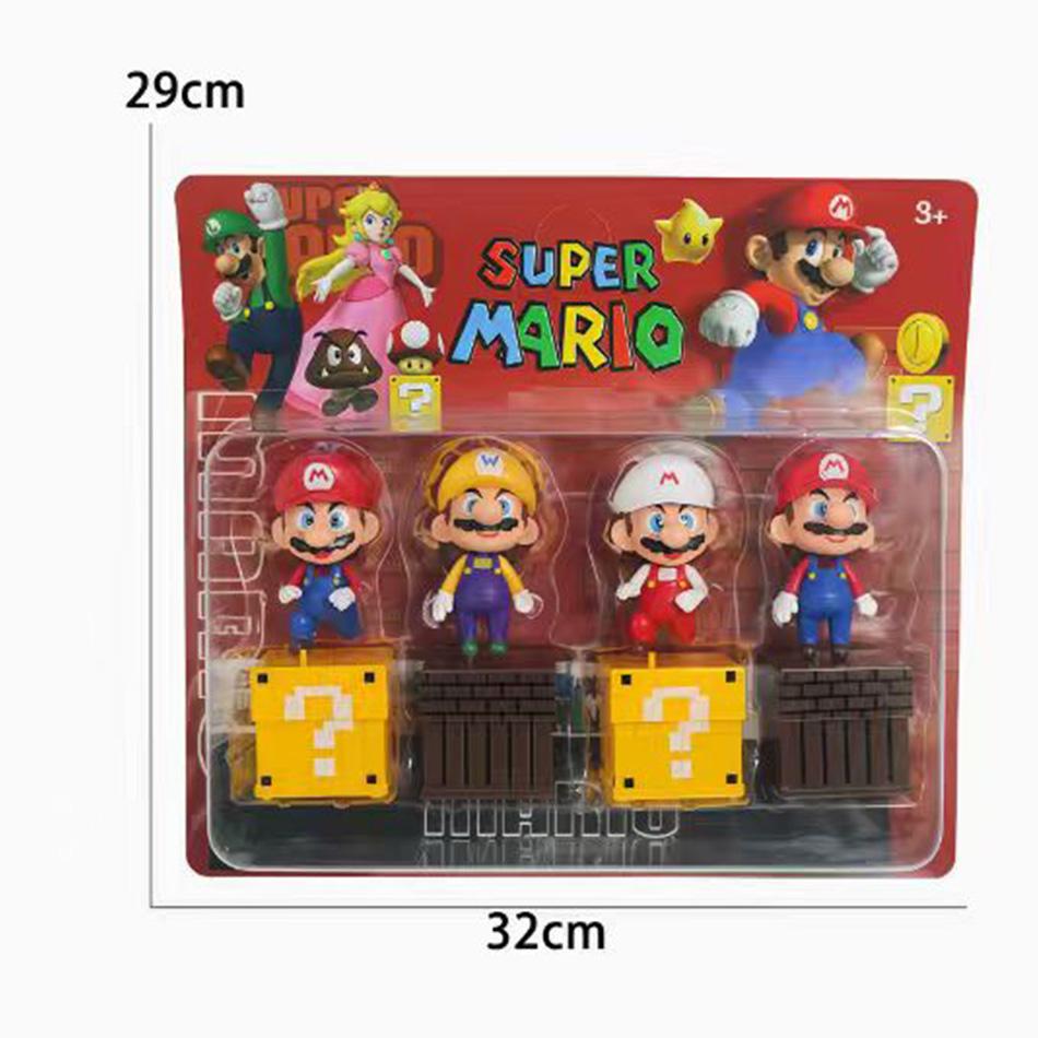 4Pcs/Set Super Mario Bros Figure Mario Wario Pvc Action Dolls With Question Block Bricks For Kids Fans Gift