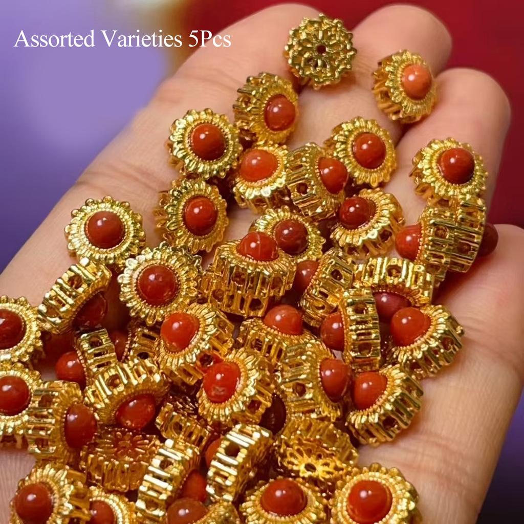 5Pcs, Red Green Natural Stone Gems Pendant with Golden Accents, Boho Handmade Round Charms for Jewelry Making DIY Necklace Accessories 8×8mm