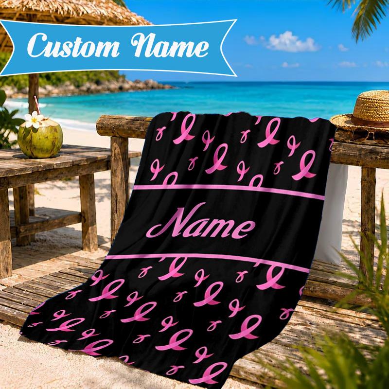 Custom Name Pink Ribbon Courage Beach Towel Microfiber Beach Towel, Lightweight and Quick-Dry, for Summer Travel, Swimming Pool Gift