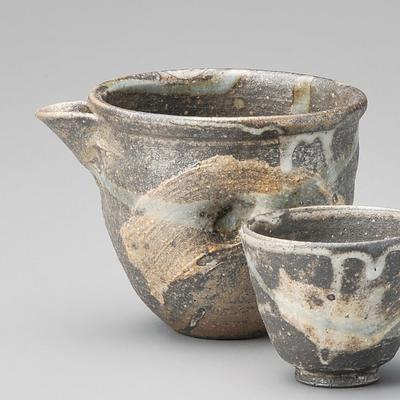 Sake Tokkuri and Ochoko Bottle and Diameter X X Height Brushed Mino Cold Sake Suitable for Cold Sake Ale-net Set, (Sake Cup) Set, 12.8 9.9 8.6cm,
