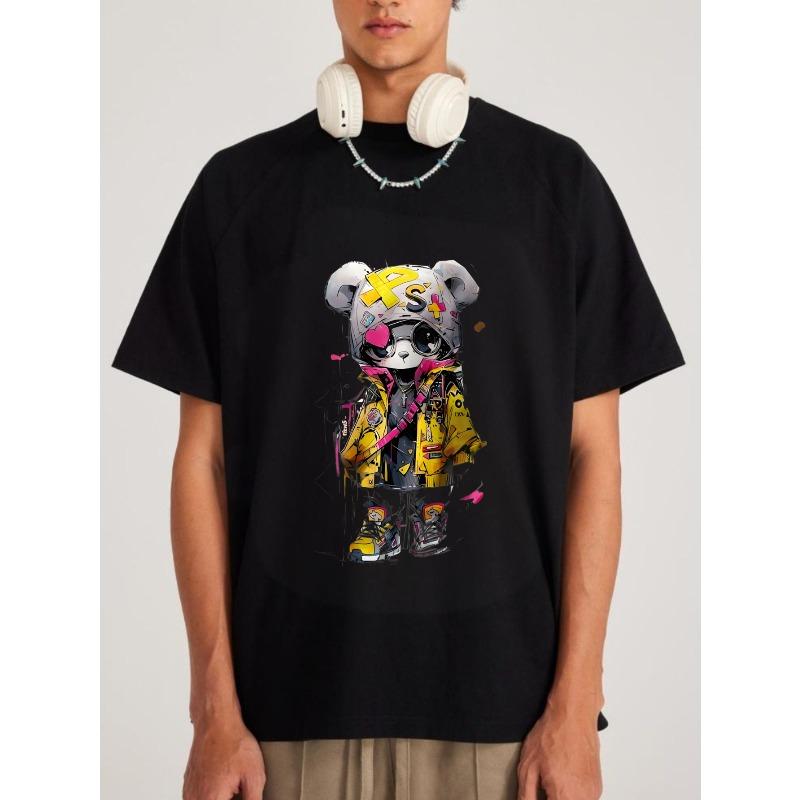 Schwarzes T-Shirt mit buntem Bären-Graffiti-Print für Streetwear-Mode