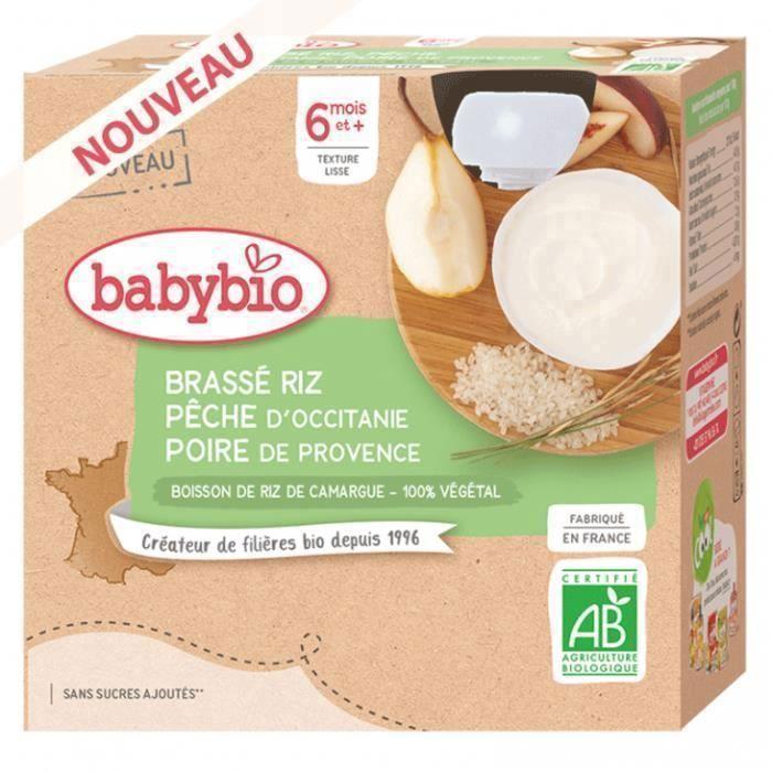 Babybio - Gourde Brassé Riz Pêche Poire - Bio - 4x85g - Dès 6 Mois