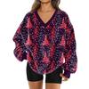 Women's Fashionable V-neck Christmas Printed Long Sleeved Casual Pullover Plush Warm Sweatshirt Top
