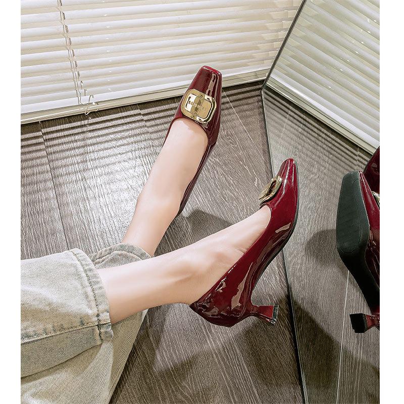 French light mouth single shoes women's middle heel 2025 new spring and autumn small heel square head shoes lady red high heels stiletto