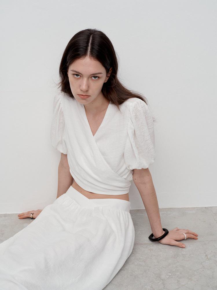 French Puff Sleeve Tie-Up Shirt - Women's V-Neck Summer Design, No Returns