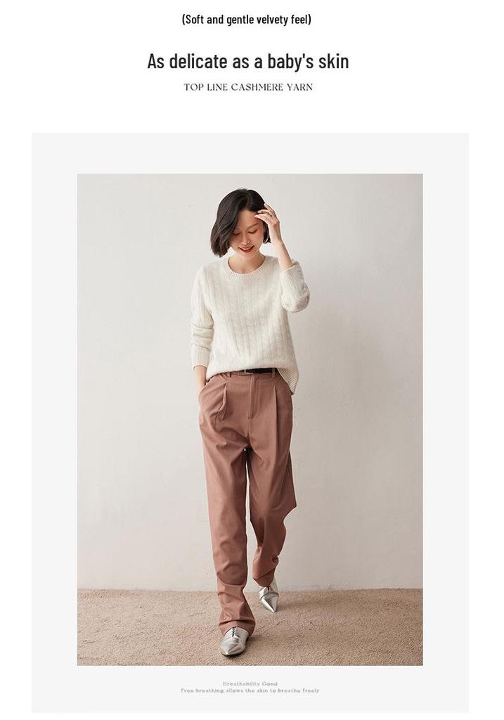 Women's 2024 Cashmere Cable Knit Crew Neck Sweater, Versatile Twisted Base Layer for Autumn/Winter