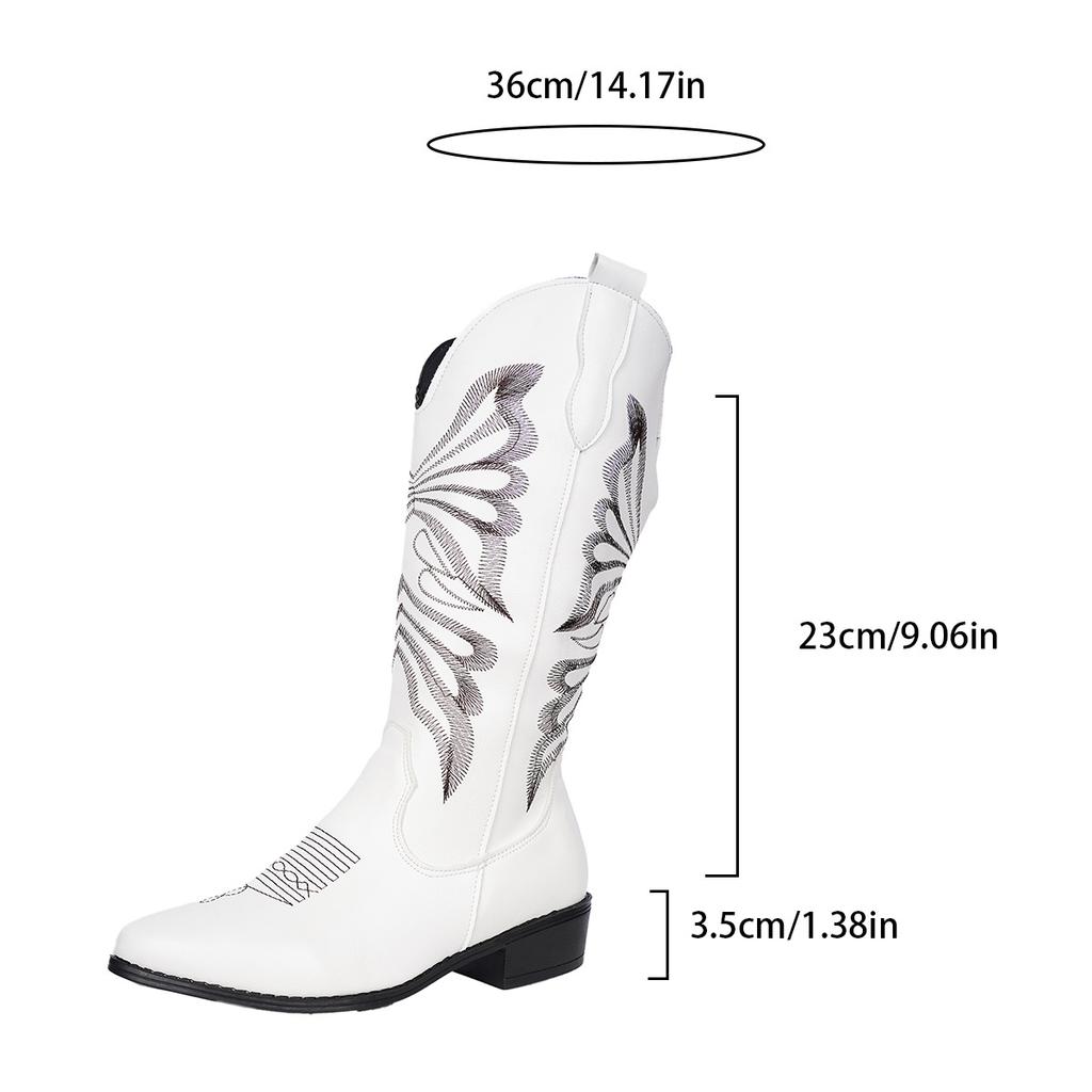 Cowboy Boots for Women Cowgirl Western Boots Embroidery Stitched Chunky Heel Mid Calf Boots Women's Pull-on Vintage Faux Leather Wide Calf Boots