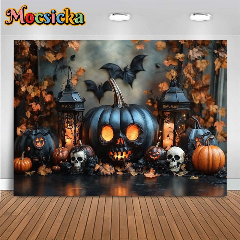 Mocsicka Halloween Background Photography Skull Pumpkin Party Baby Children Photo Backdrop Leaf Bat Black Wall Decoration Banner