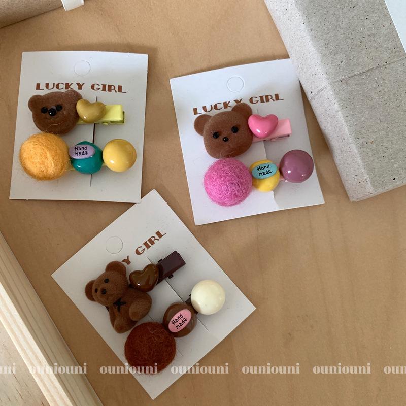 Korean Flocked Teddy Bear Snap Clips - Cute Colorful Felt Ball Hair Clips for Babies & Kids