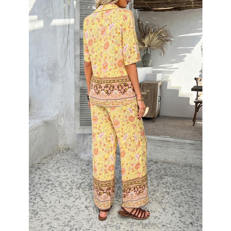 Women's Summer Print Contrasting Color Bohemian Vacation Short-sleeved Long Trousers Set
