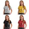 Haut court à paillettes scintillantes pour filles, col rond et manches courtes pour costume de danse hip-hop