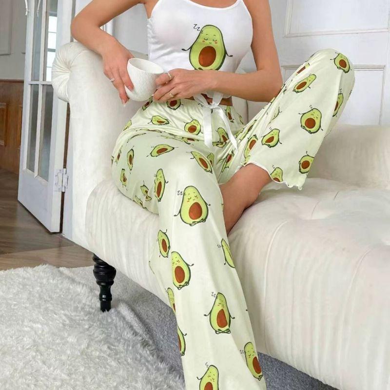 Women Avocado Printed Suspender Vest and Pants Pajama Set Loungewear
