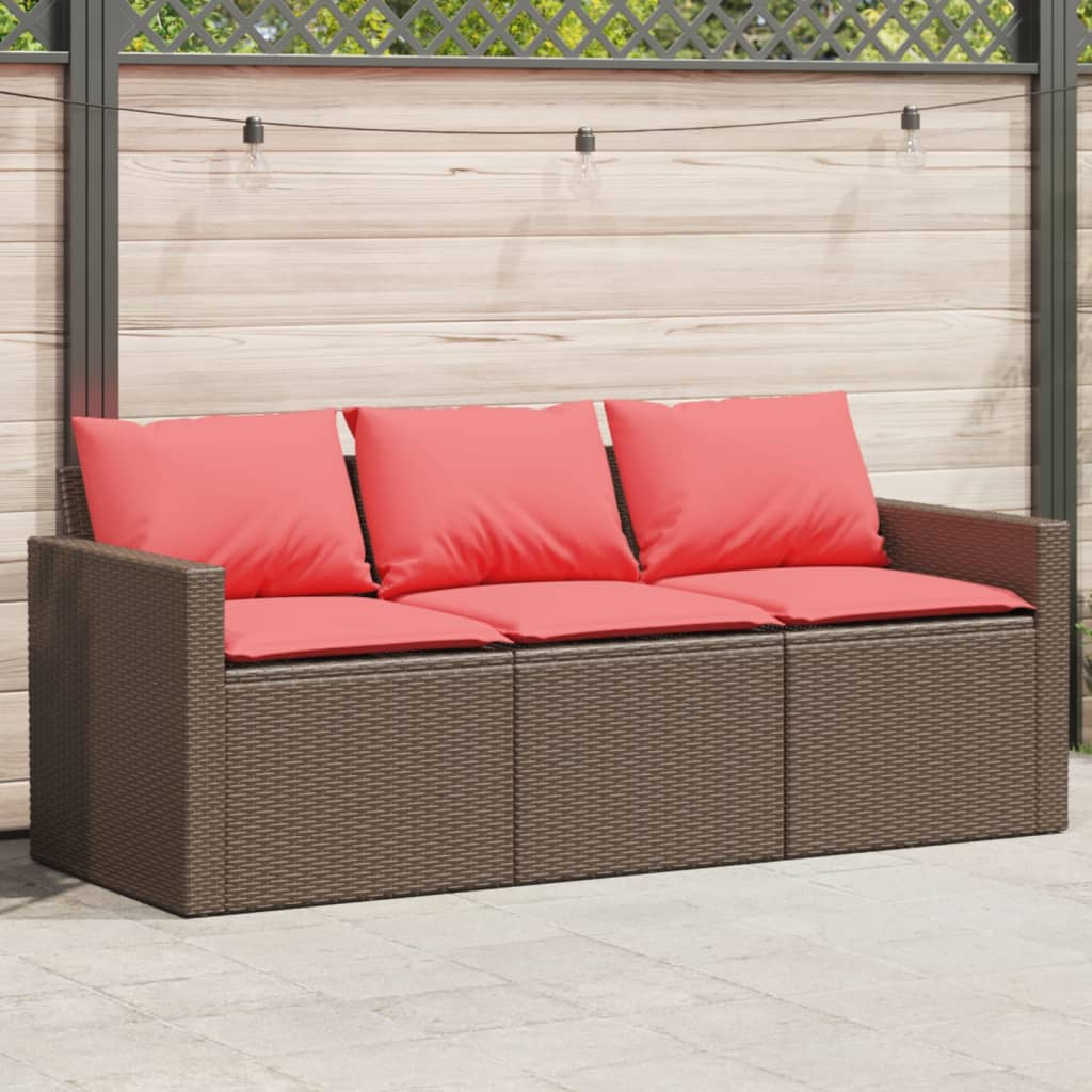 Garden Sofa with Cushions 3 Seater Brown Poly Rattan