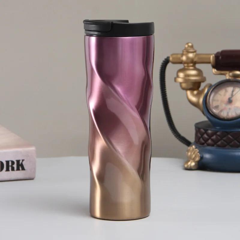 500ml Twisted Swirl 304 Stainless Steel Travel Tumbler, Double Wall Vacuum Insulated Coffee Mug with Flip Lid