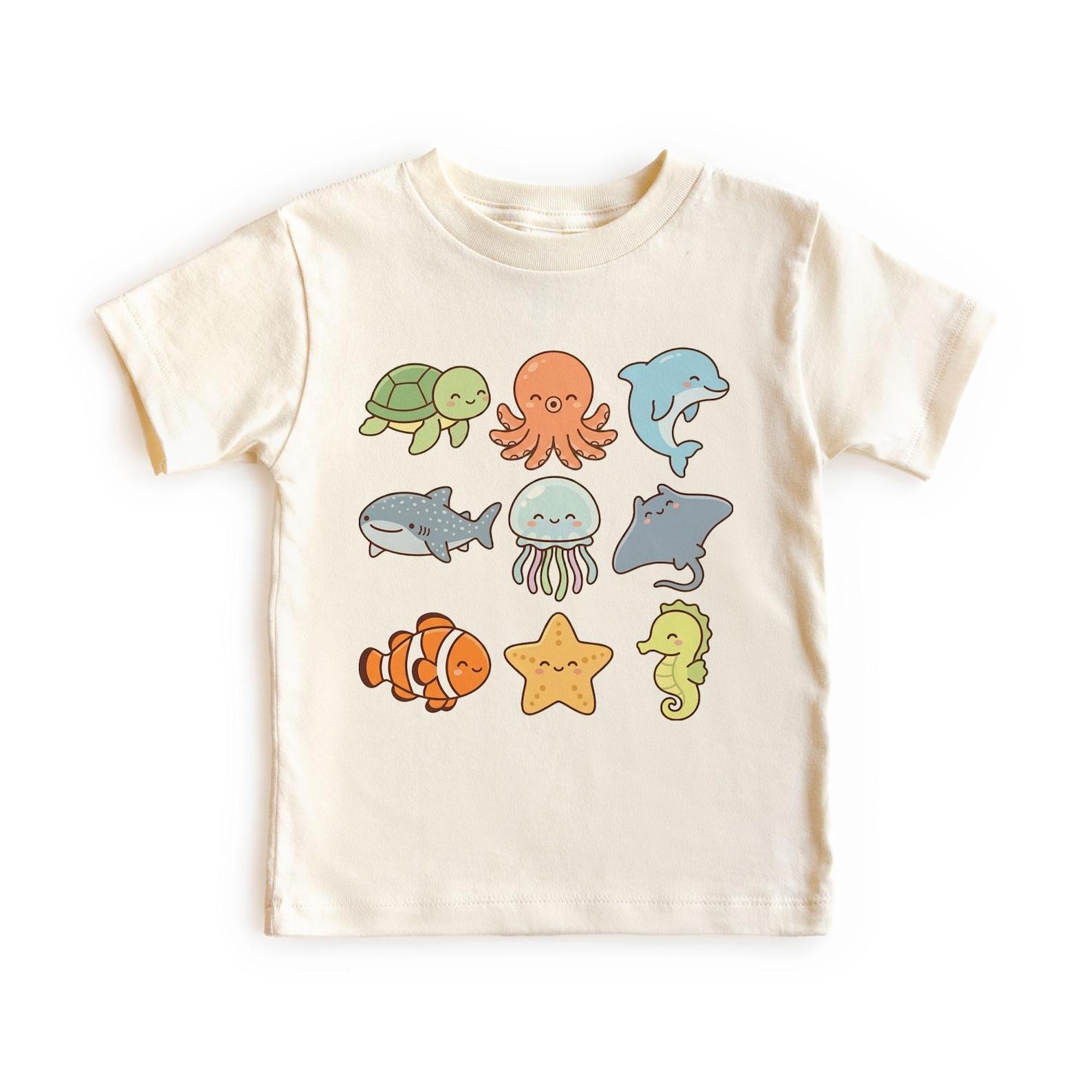 Pastel Ocean Creatures In A Row: Shark, Octopus, Seahorse, Turtle Unisex, Adult, Youth T-Shirt 100