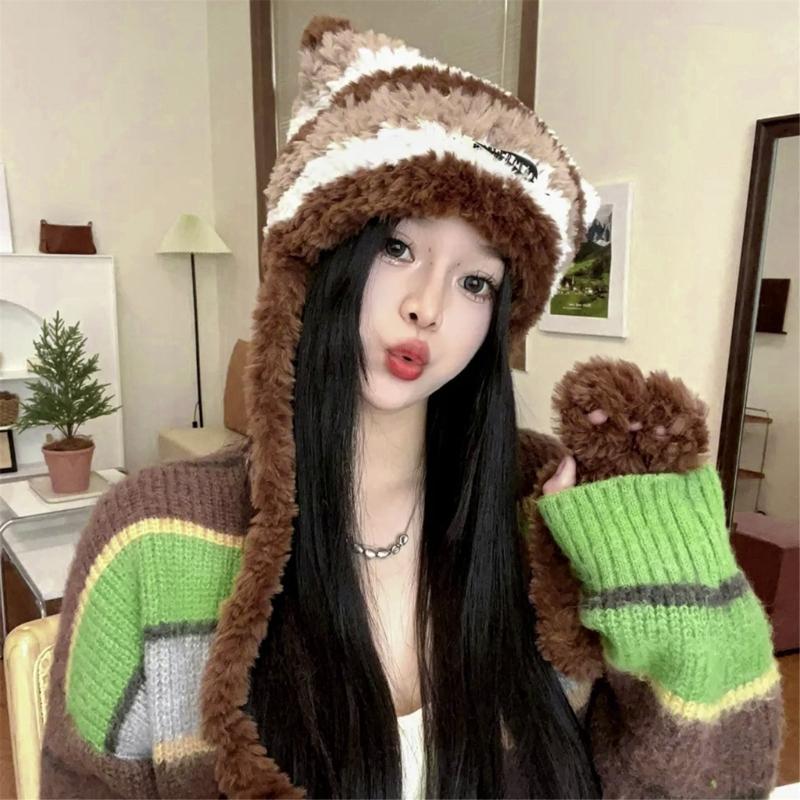 Halloween Cat Ear Hat Knit Y2K Beanie Hat Striped Party Holiday Winter Warm Hat Beanie Theme for Teens