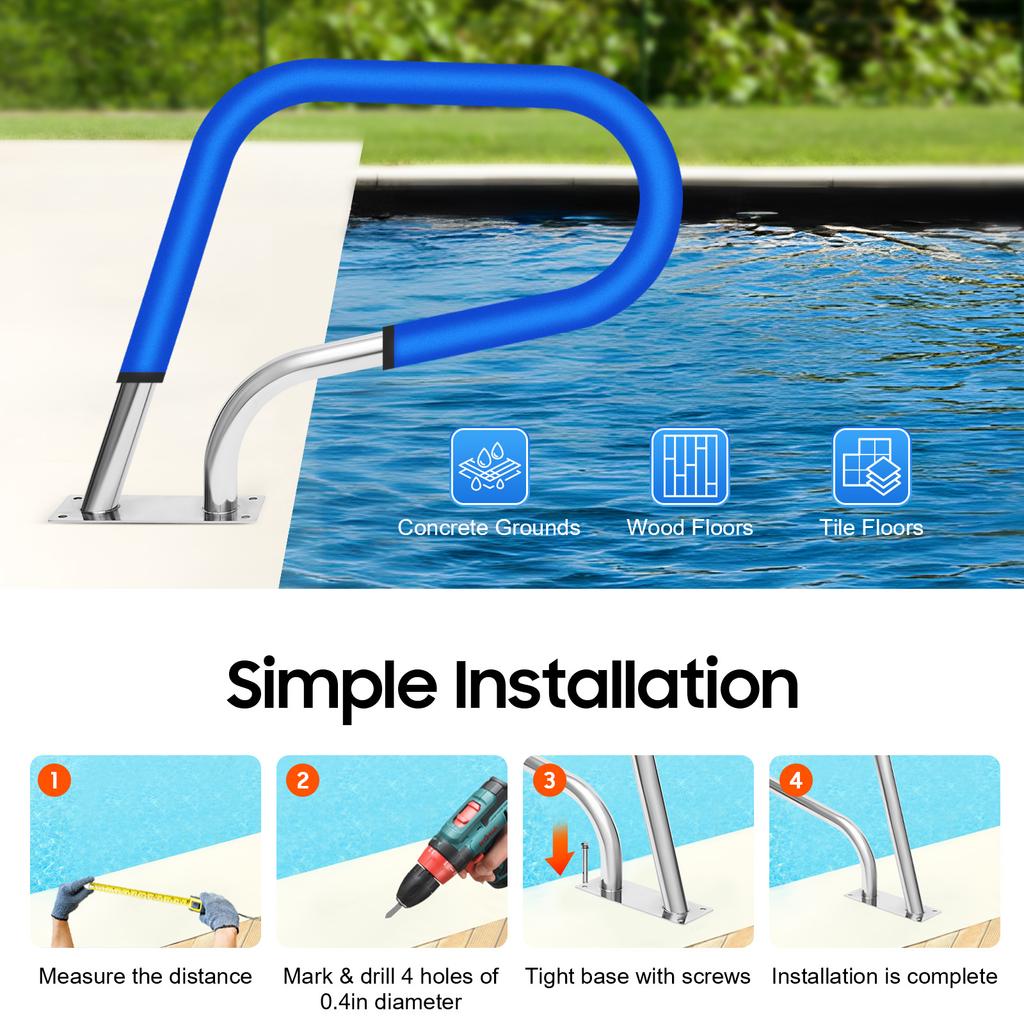 Pool Rail Pool Railing 304 Stainless Steel 264LBS Load Capacity Silver Rustproof Pool Handrail Humanized Swimming Pool Handrail