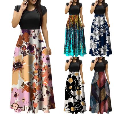 Summer Dresses For Women 2023 Fashion Casual Floral Print Round Neck Short-Sleeved Large Size Maxi Dresses