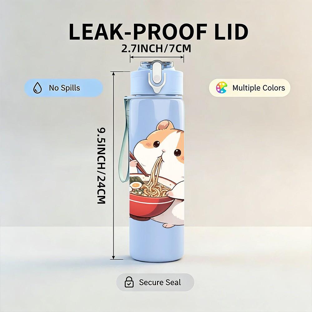 1PC Hamster Eating Noodle Cute Cartoon Print 750ml Color Plastic Sports Water Bottle Leakproof Flip Straw Lid Suitable for Sports Office Home Use