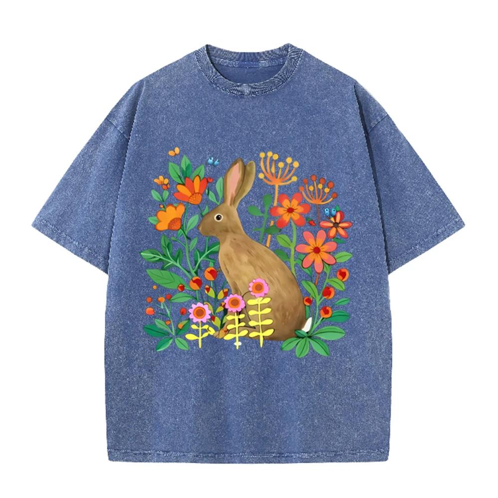 2026 Vintage Floral Wild Rabbit Butterfly Graphic Beige Washed T Shirt Countryside Garden Cute Animal Casual Oversized Unisex Sh
