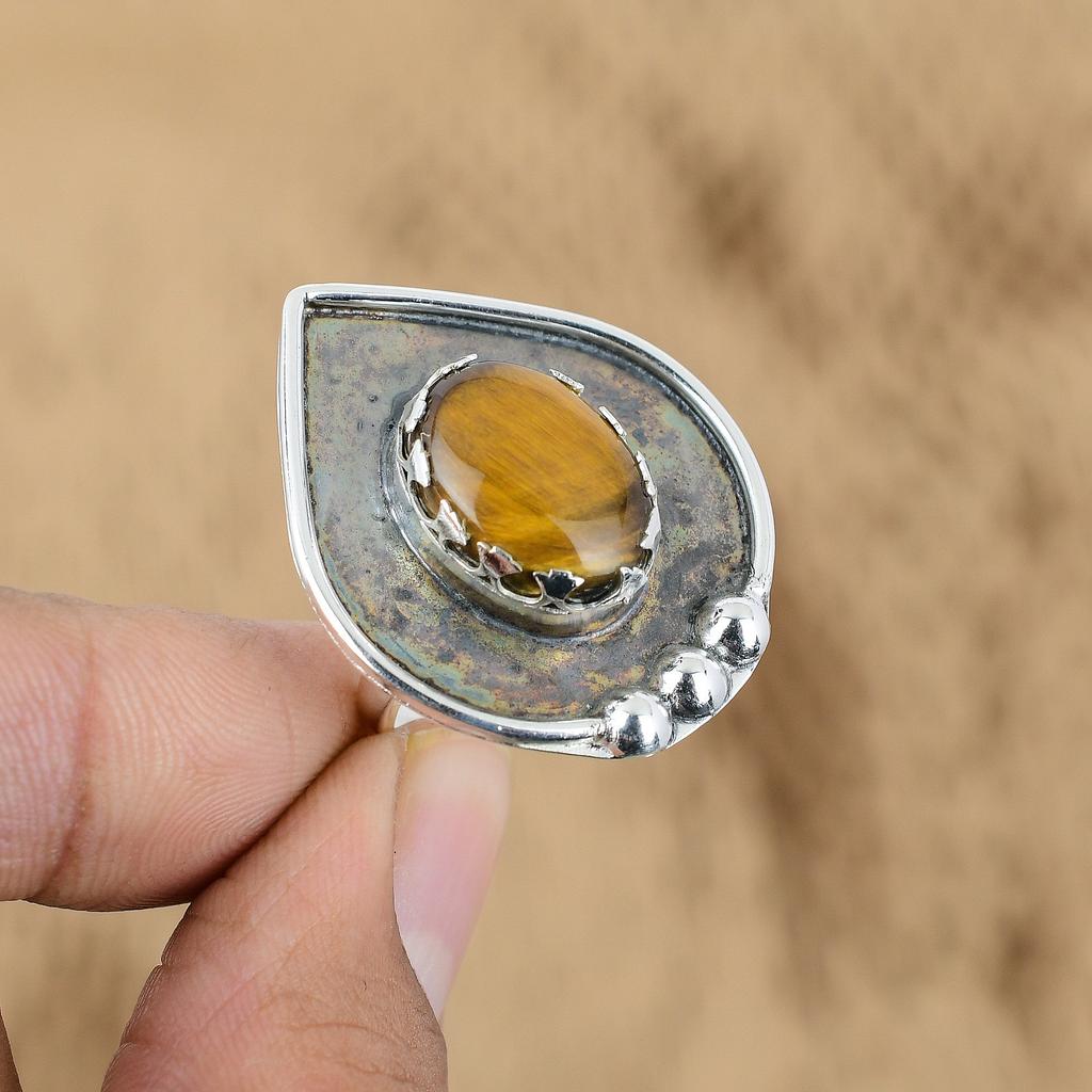 Mothers day Deal Oval Tiger's Eye Stone 925 Silver Art Deco Promise Ring Jewelry
