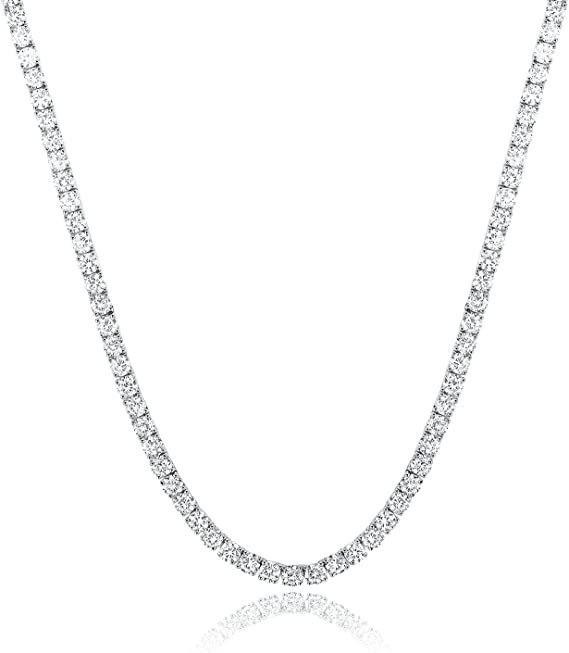 18K White Gold Plated Zirconia Tennis Necklace Choker, 4-Prong, Size Options: 2mm-6mm, Fashion Trend Bestseller