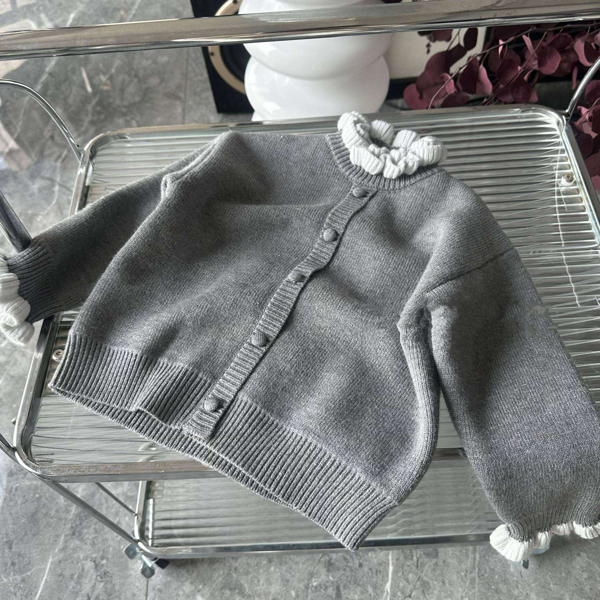 Girls Thickened Fleece Knit Sweater Autumn Winter Warm Top With Ruffled Lace Korean New Year Clothing 90