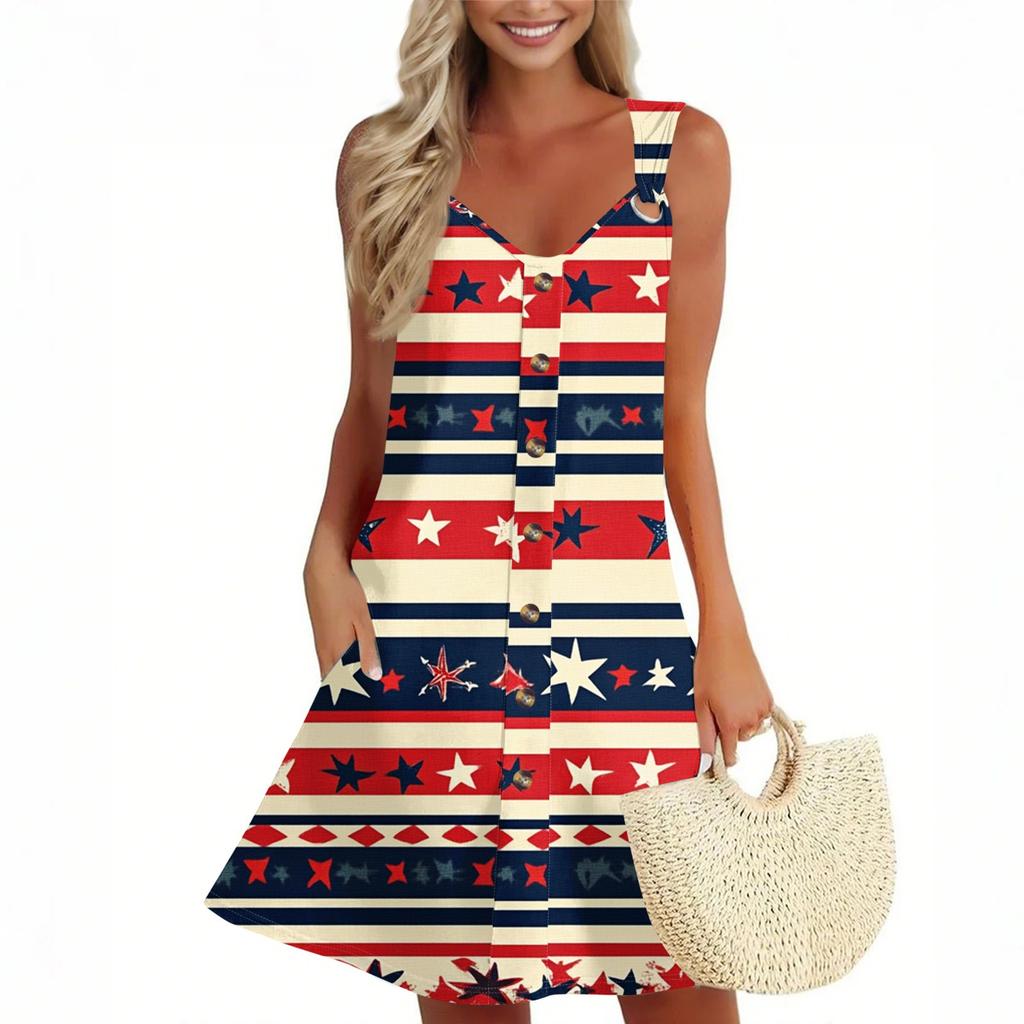 Women's Summer Dress Sleeveless Independence Day Print Sundress With Pocket