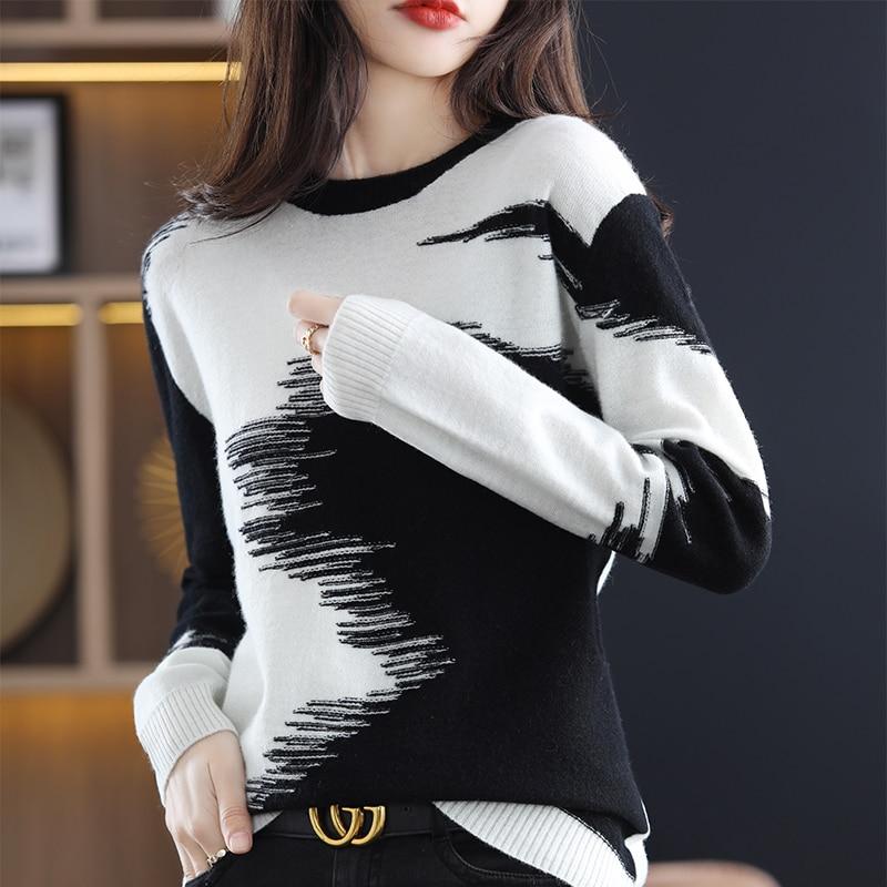 Autumn Fashion Cashmere Knitted Sweater Women Round Collar Pathcwork Color Pullover Winter Wool Sweater Tops Loose Clothes 28229