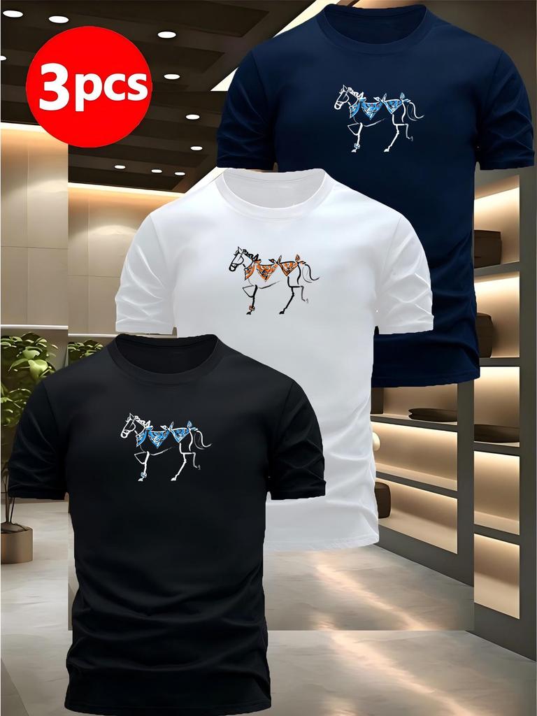 Men's European Size Bird's Eye Knit T-Shirt Set - Plain, Breathable, Quick-Dry, Short Sleeve, Round Neck, 3 Pieces