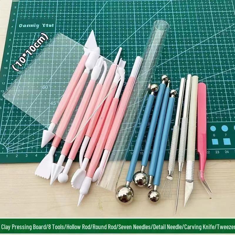 Super Light Clay Sculpting Tool Set: Knife, Pressing Board, Rolling Pin, and Needle Set for Polymer Clay DIY Figurines.