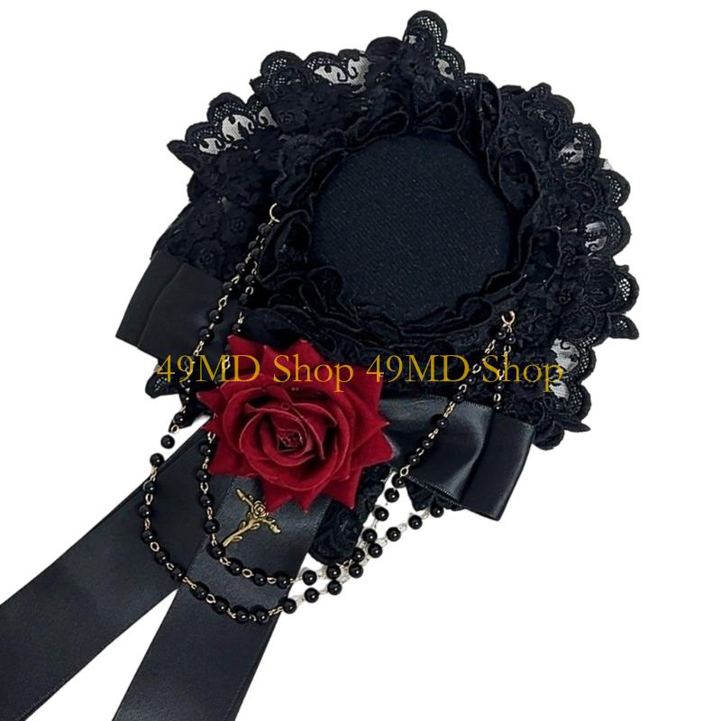 49MD Ornate Gothic Wedding Fascinator With Rosette Ribbon Roses And Adjustable Hair Clip Design