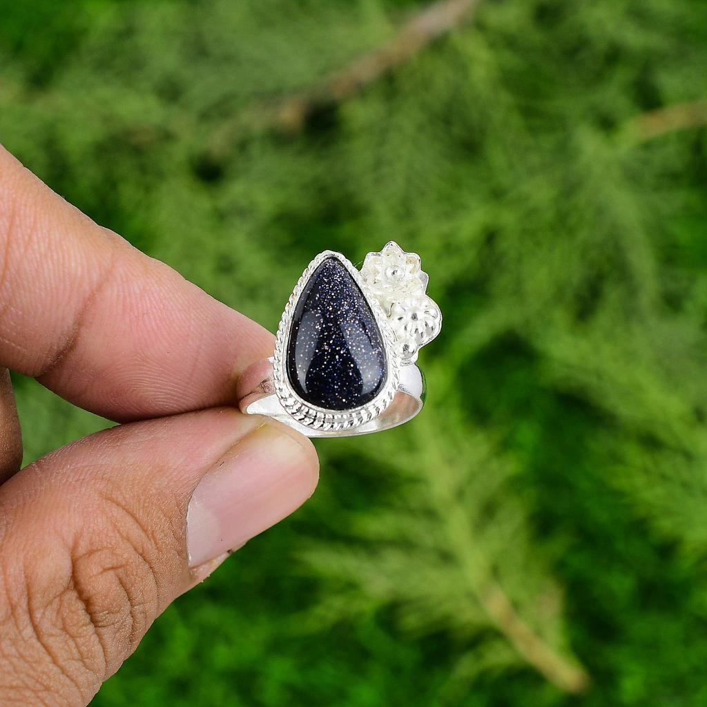 Pear Blue Sunstone Stone 925 Sterling Silver Wedding Flower Promise Ring Jewelry
