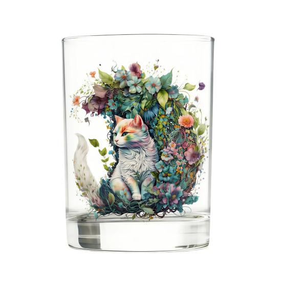 Cute Cat Floral Glass, Juice Coffee Cup, Milk Tea Glass Mug, Artistic Whiskey Coffee Mug for Home Bar, Gift for Cat Lovers