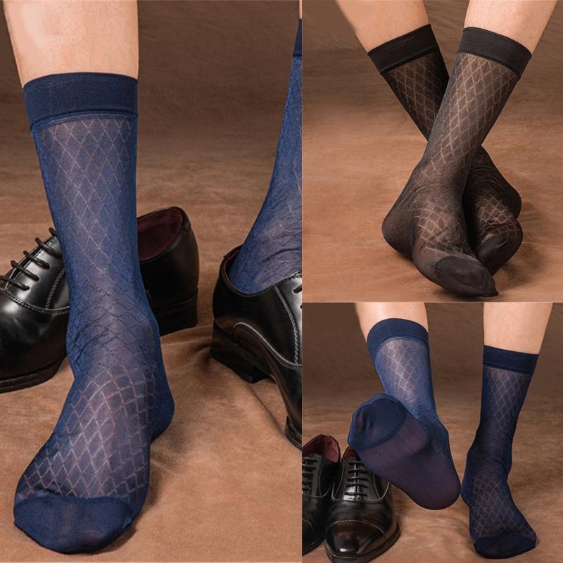 Elegant Mens Sheer Diamond Pattern Dress Socks See Through Nylon Business Formal Wear Thin Middle Tube Calf Length Socks