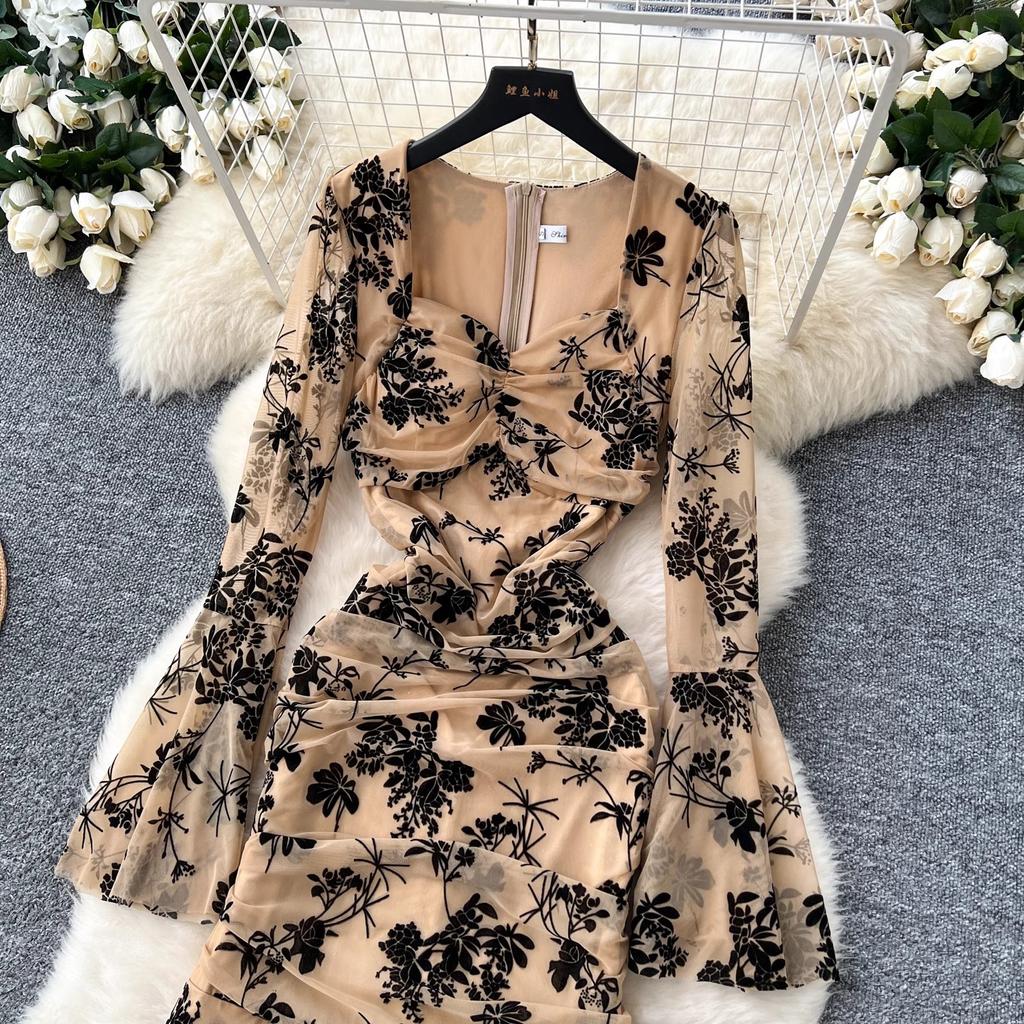 Summer Elegant Embroidery Flower Mermaid Evening Party Dress Women Long Flare Sleeve Cup Padded V Neck One Piece Mesh Folds Prom Robe