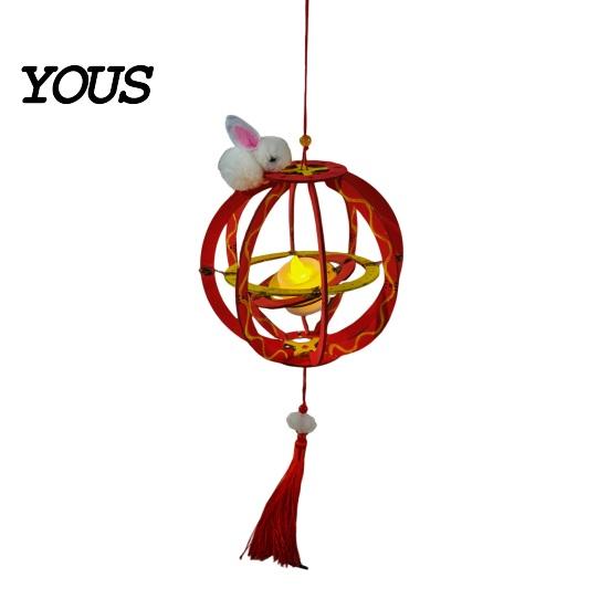 Wooden Lantern Toy DIY Kit for Mid-Autumn Festival, Hollow Rotating Ring with Rabbit, Handmade LED Candle Tassels