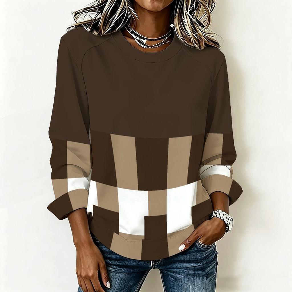 Plus Size Ladies Long Sleeve T Shirt Vintage Stripe Printed Loose Casual Top Comfortable Daily Wear Oversized Tee