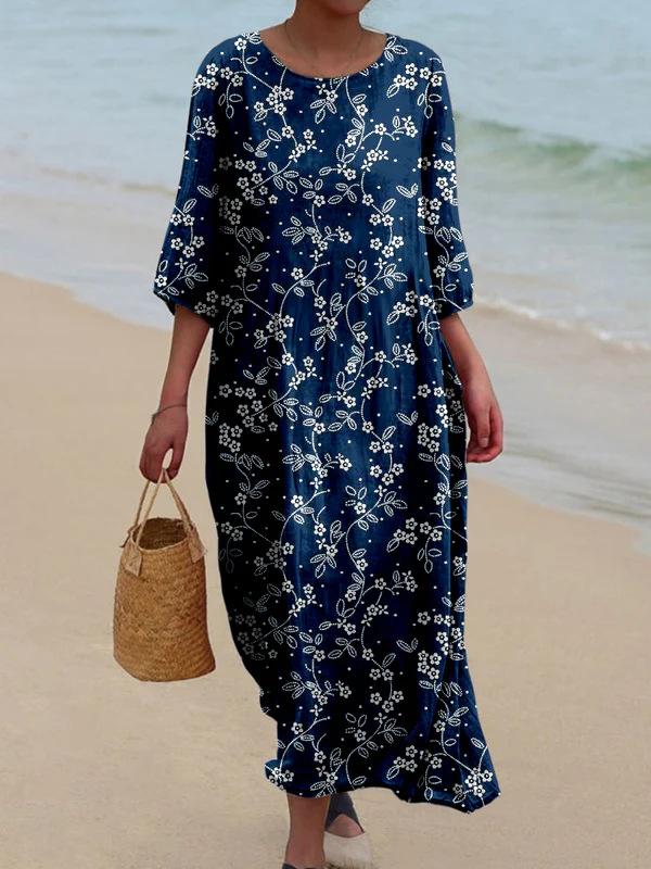 Retro Floral Print Round Neck Retro Loose Long Sleeved Mid Length Dress For Women XXXXXL