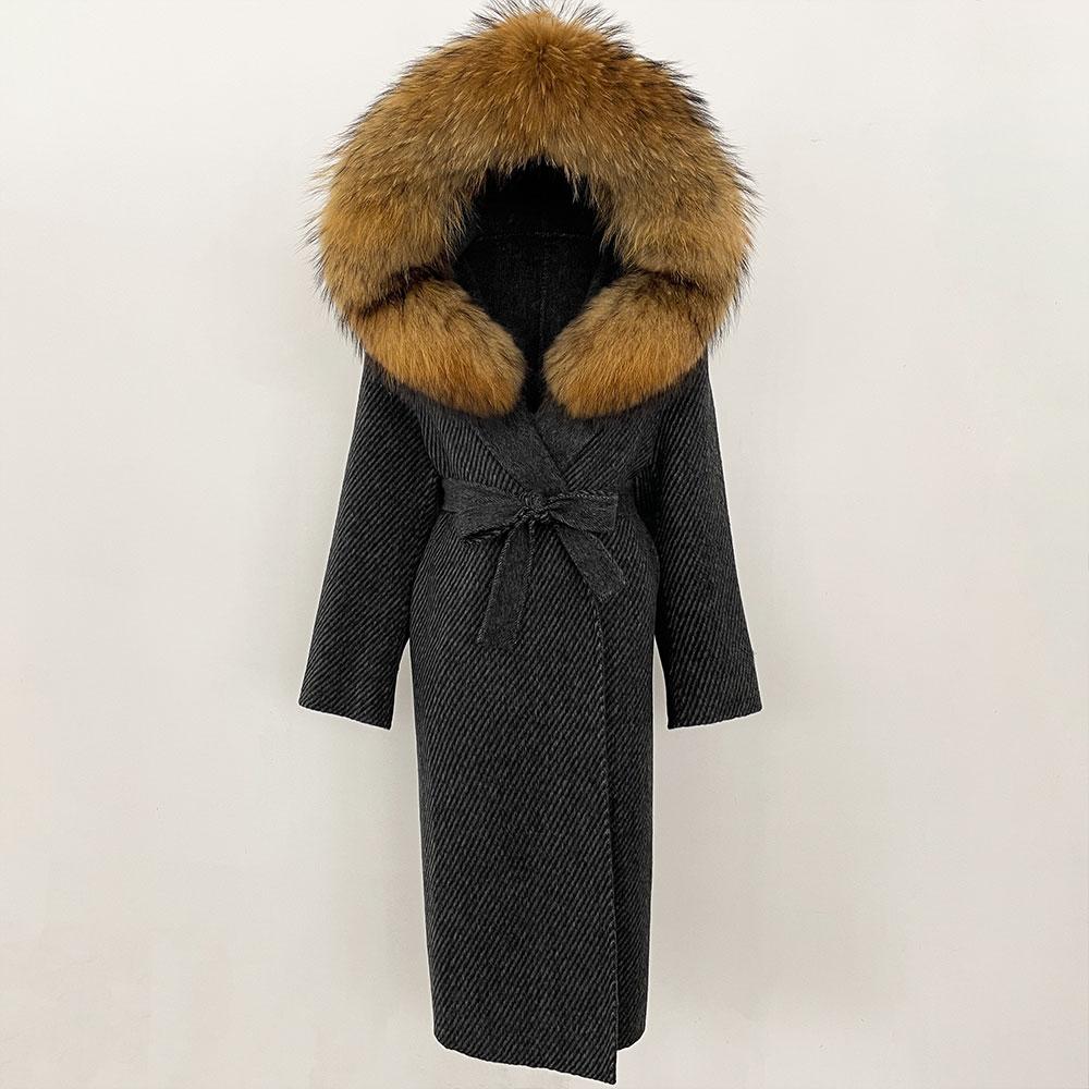 OFTBUY Winter Women Coat Real Natural Fox Fur Hooded Detachable Collar Double-faced Woolen Jacket Long Casual Elegant Overwears