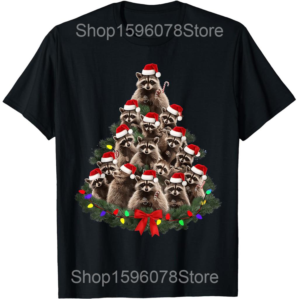 Raccoon Christmas Tree Lights Racoon Lover Xmas T Shirts Men Humor Streetwear Tee Shirt Short Sleeve Unisex Loose Clothing