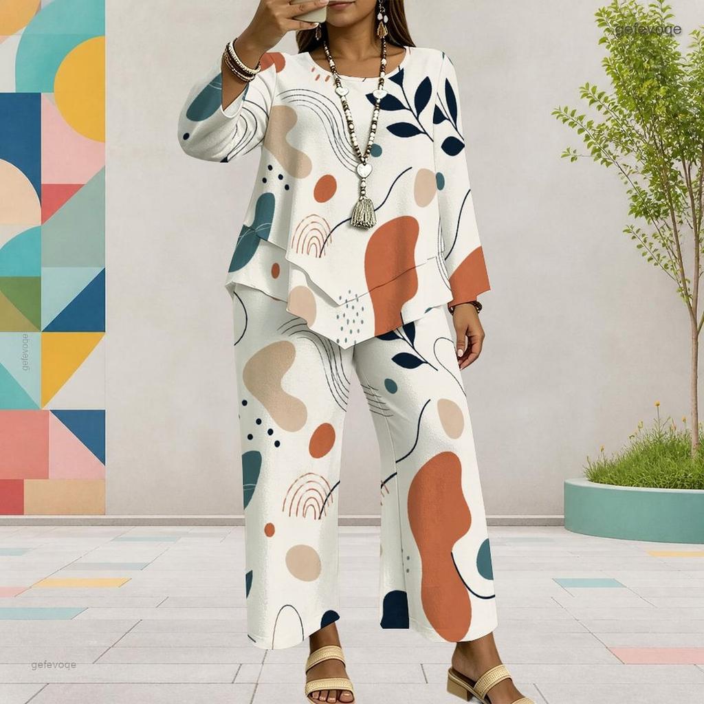 Women Plus Size Printed Round Neck Long Sleeve Layered Top Wide Leg Cropped Pants Two Piece Set