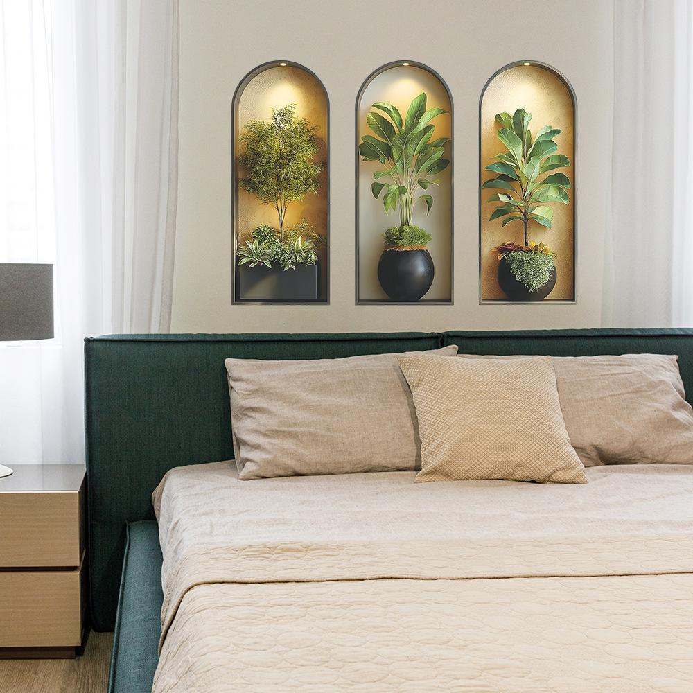 Grüne Pflanze Topfpflanzen, Schrank Dreiteiliges Gemälde, Wohnzimmer- und Arbeitszimmerdekoration und Verschönerung Wandaufkleber